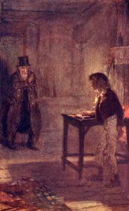 Fagin varuje Olivera, frontispis z knihy "The Adventures of Oliver Twist" od Charlese Dickense